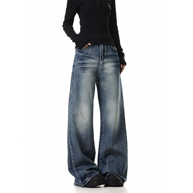 

Vintage Washed Whiskered Unisex Straight-Leg Micro Flare Floor-Length Jeans L