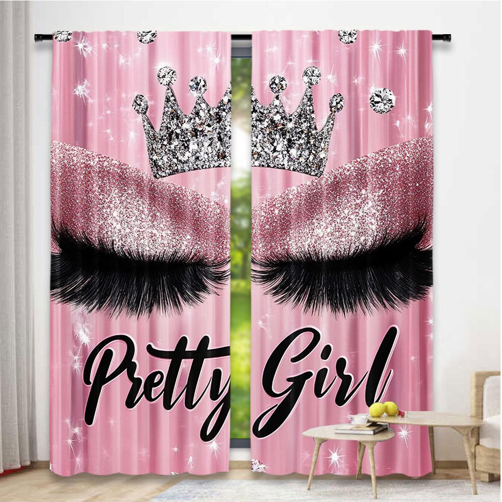 2Pcs Eyelash Curtainsstylish Pink Sparkles Blackout Curtains Adult Eyelash Diamond Aesthetic Curtains Drapes Makeup Eyelash