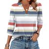 Women's Fashionable Casual Lapel T-Shirt With Striped Patchwork Print Seven Quarter Sleeve Top