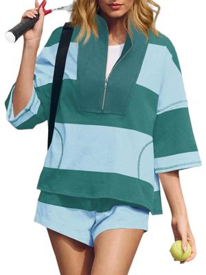 Women's Two Piece Striped Sweatshirt and Shorts Set Summer Matching Lounge Tracksuit