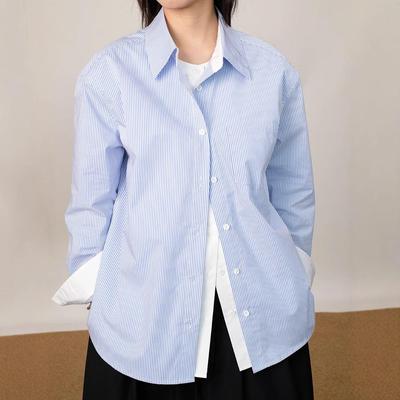 Spring/Summer Blue & White Striped Cotton Loose Fit Two-in-One Long Sleeve Shirt - Small, Exquisite Design