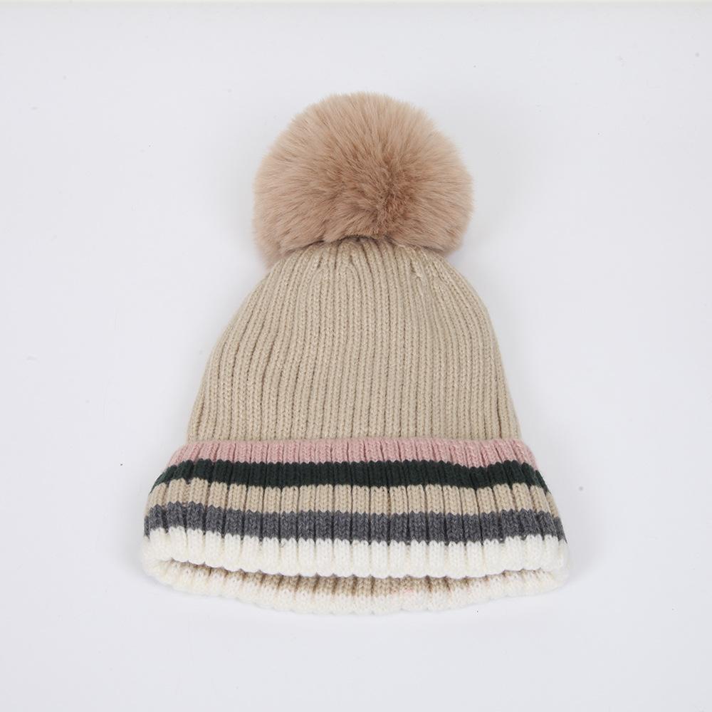Autumn and winter hairball flanged knitted hat men's and women's color striped edge fashion warm wool hat