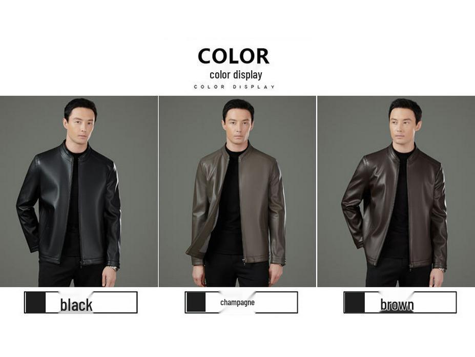 Men's Middle-Aged Business Casual Sheepskin Leather Jacket with Stand Collar and Plus Velvet Lining