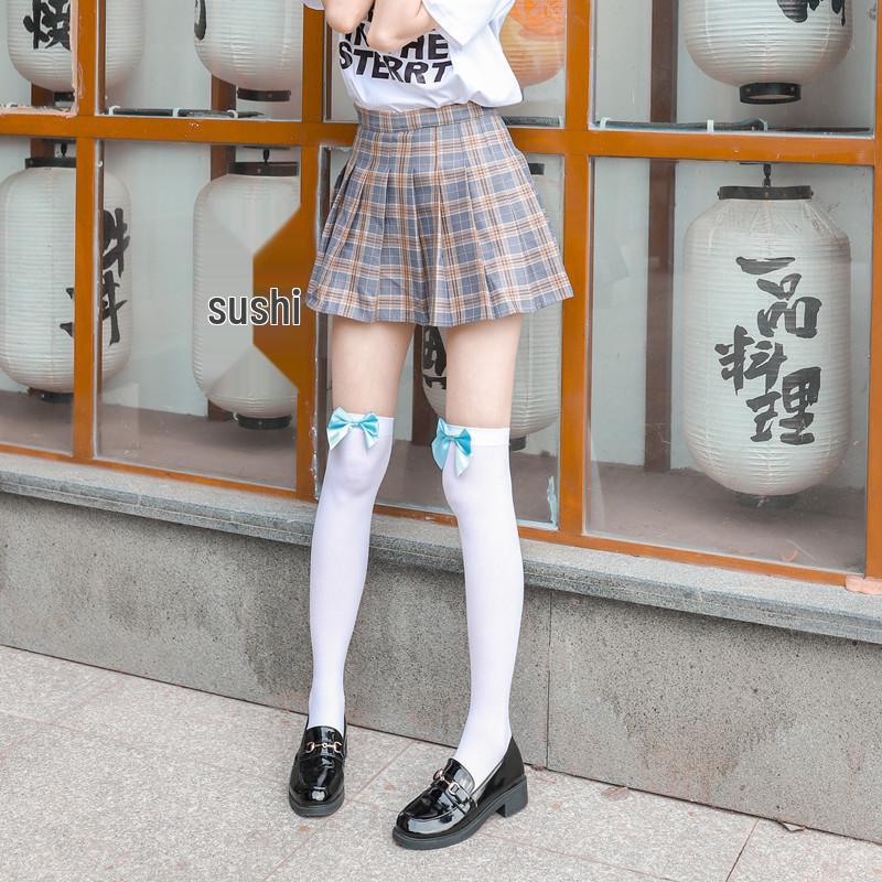 Japanese Lolita Style White Bow Silk Thigh-High Stockings