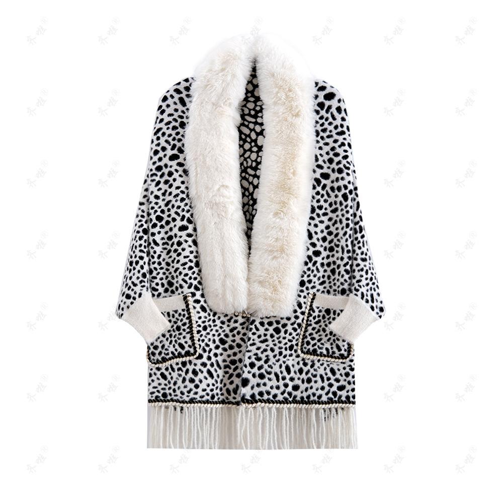 Autumn and Winter Imitation Mink Collar Pocket Sleeves Leopard Print Shawl Cape Fringed Scarf Jacket Women's Knitted Sweater