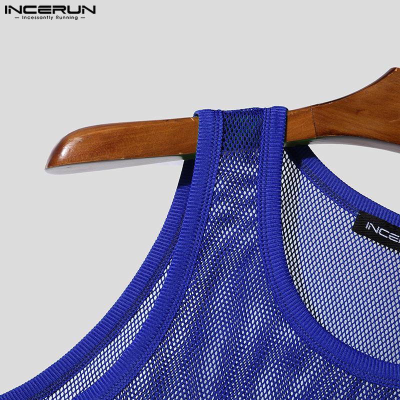 INCERUN Men Round Neck Sleeveless Mesh Sheer See Through Party Tank Tops T-shirts