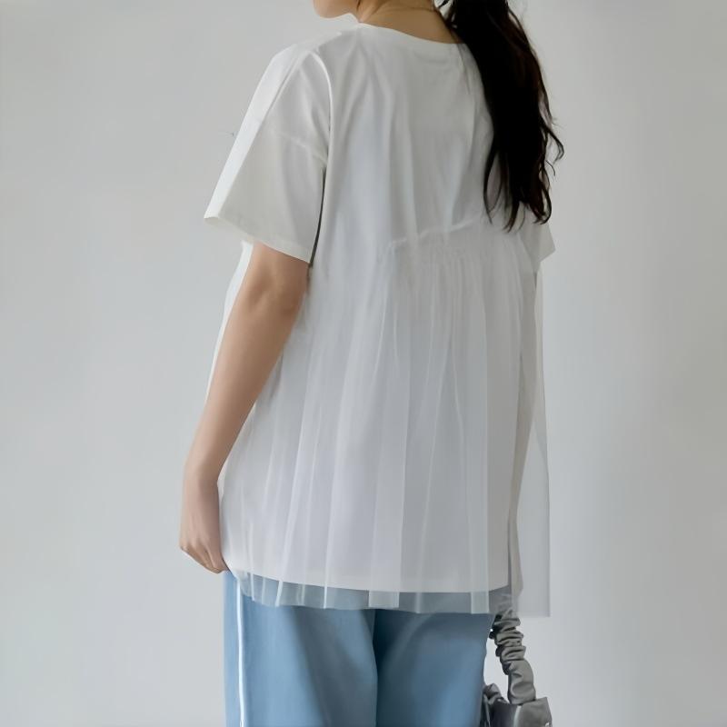 Good Fabric Japanese Summer Top Women's Simple Casual Mesh Splicing Short Sleeved Round Neck Pullover T-shirt