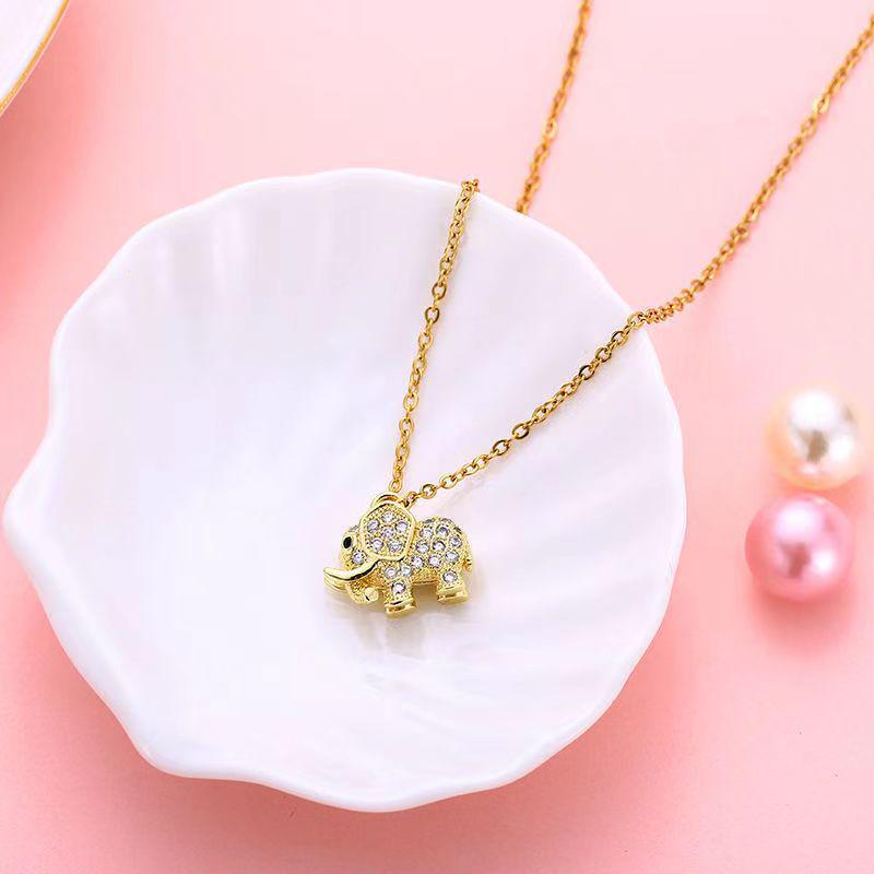 Elegant 3D Elephant Necklace in 18K Gold-Plated Titanium Steel with Micro-Set Diamonds for Women.