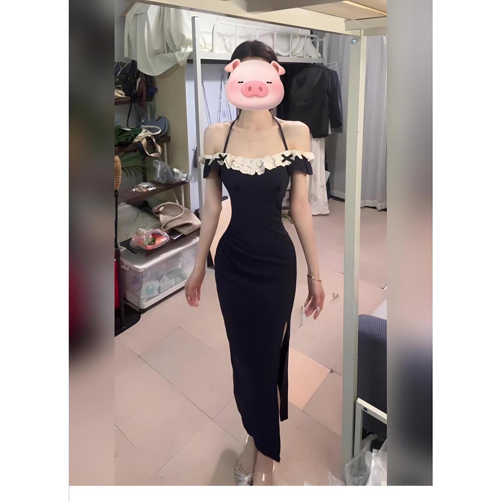 Summer black lace dress women cinch their waists to show off their slim temperament, celebrity long skirts