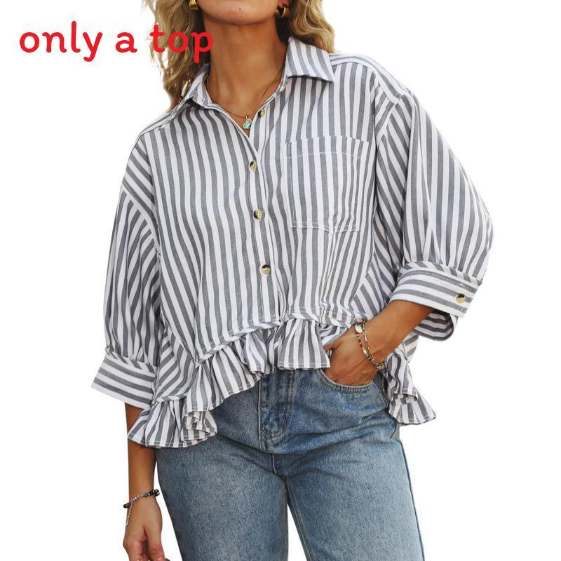 Womens Striped Blouse With Ruffle Hem And Print For Office Wear