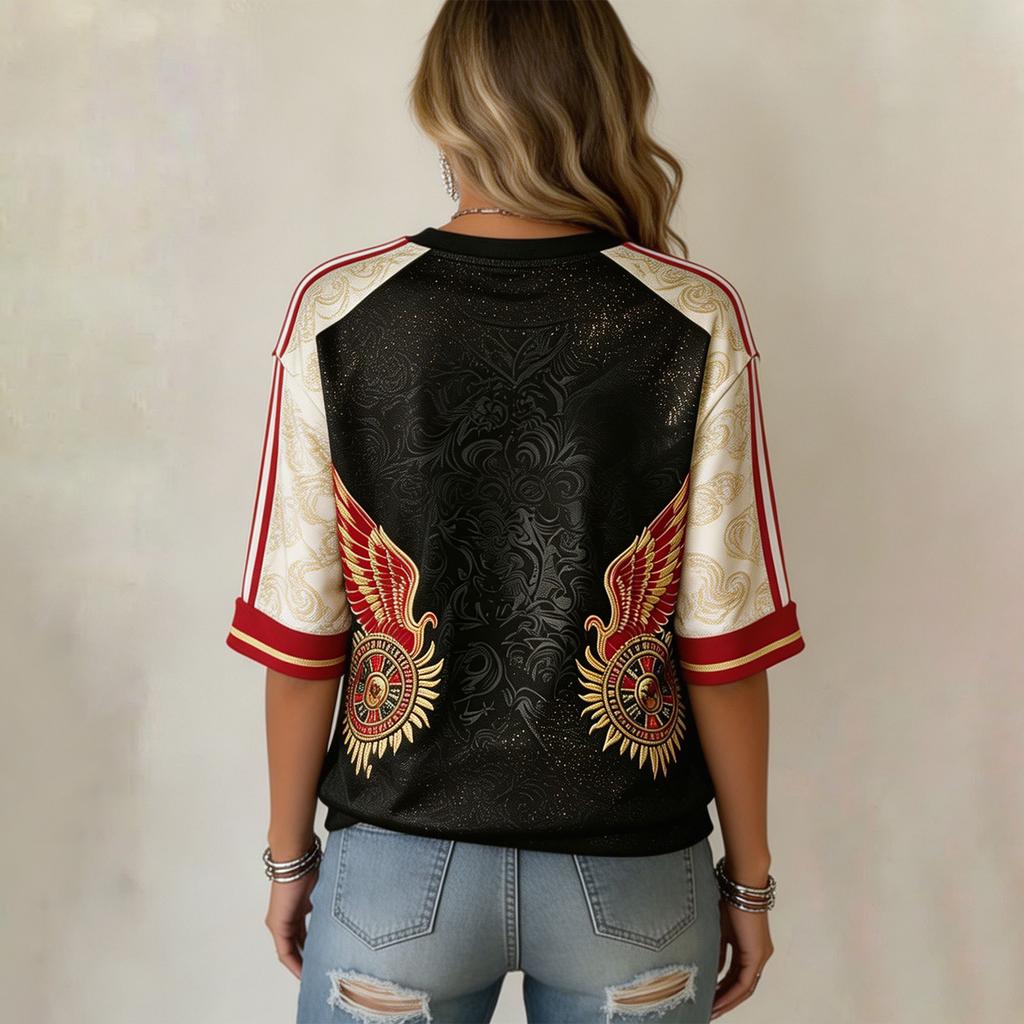 Women's Fashion Printed Round Neck Three-Quarter Sleeve Pullover Top with Mexico Soccer Graphic