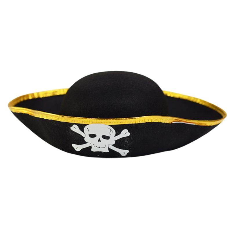 Tri Corner Pirate Hat Halloween Skull Print Captain Cap For Adults Children