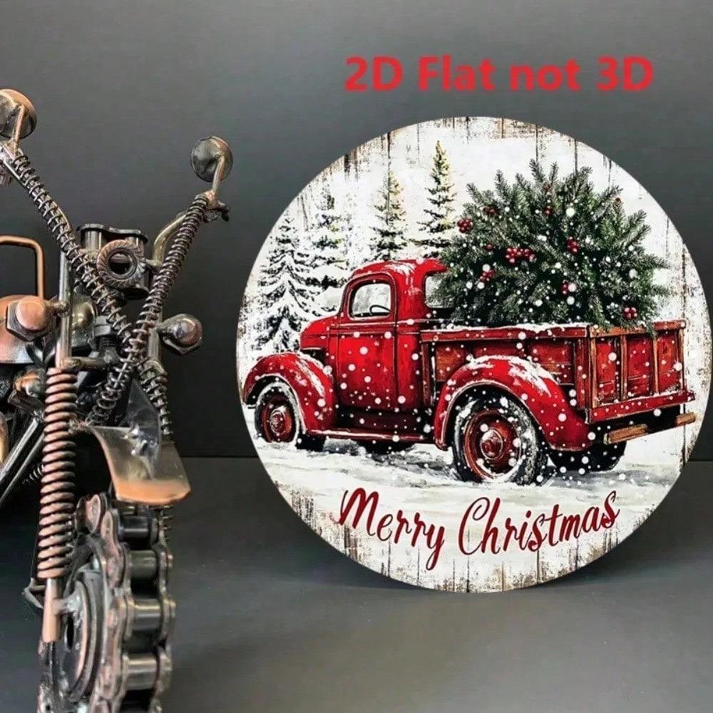 Vintage Red Truck Christmas Metal Sign 8x8 Inch Rustic Tin Wall Art Home Decor Farmhouse