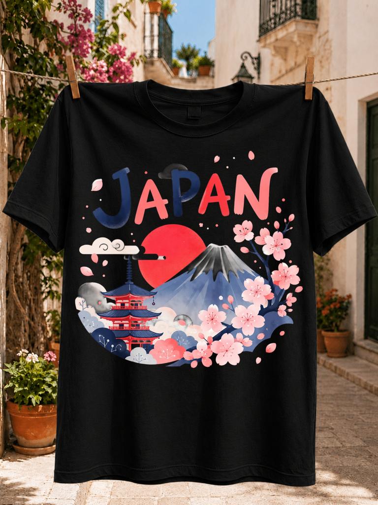 Japan Mount Fuji Pagoda Graphic Colorful Cherry Blossoms Red Sun And Cloud Illustration Asian Unisex All Tshirt