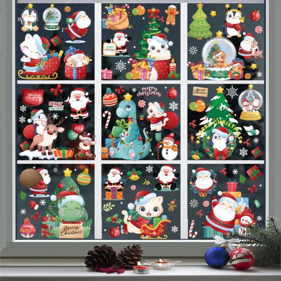 9Pcs/Set Christmas Stickers Self-adhesive Glass Film Snowman Elk Santa Claus Xmas Tree Patterns Removable