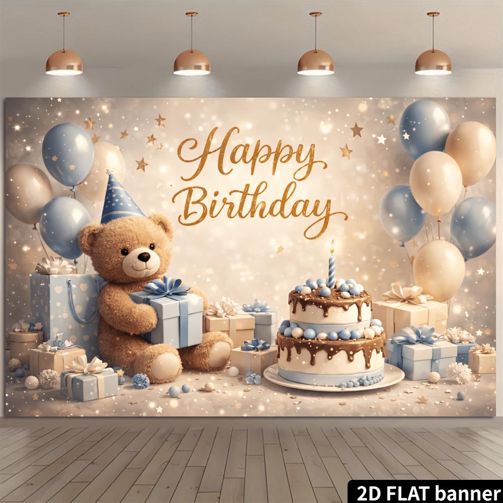 2D Ebene Teddybär Geburtstagsparty Hintergrundtuch - Blaue und Goldene Ballons - Happy Birthday Thema, Strapazierfähiges Polyester Material