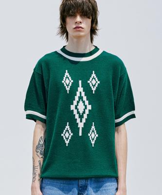 KND Navajo Pattern Loose Fit Ringer Half Knit Peacock Green
