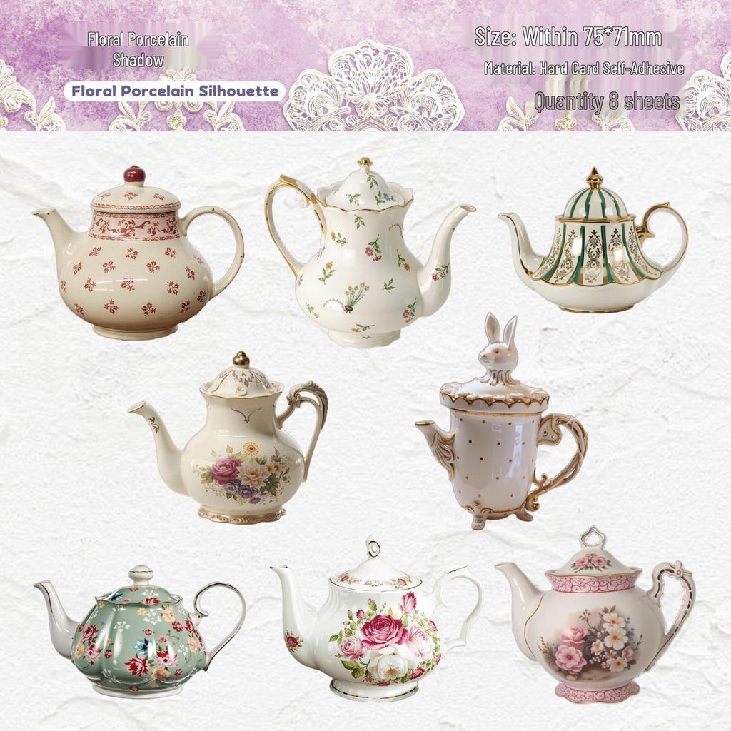 Teapot Series Retro Journal Sticker Pack - 8 Hard Card Sheets for DIY & Decoration