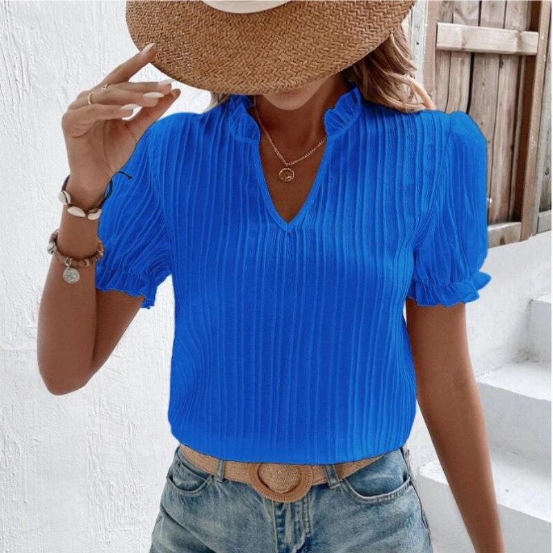 2023 Yaz Kısa Kollu Beyaz Gömlek Kadın Vintage Katı V Yaka Gevşek Gömlek Casual Zarif Dantel Bluz Moda Giyim 28006