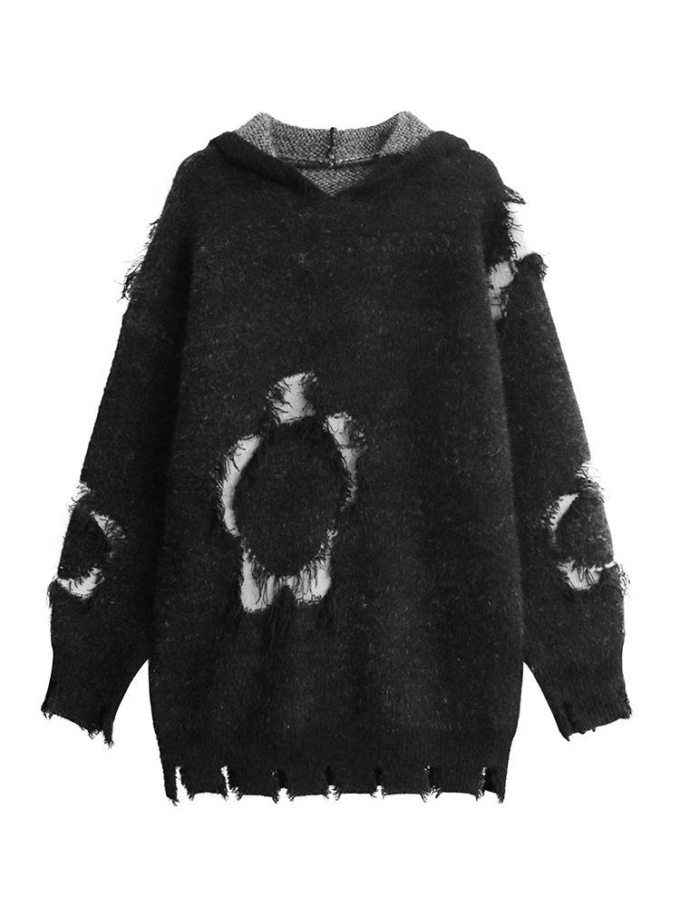 Xitao Pulover de tricotat cu mâneci întregi, cu glugă, de culoare uni GMM1119