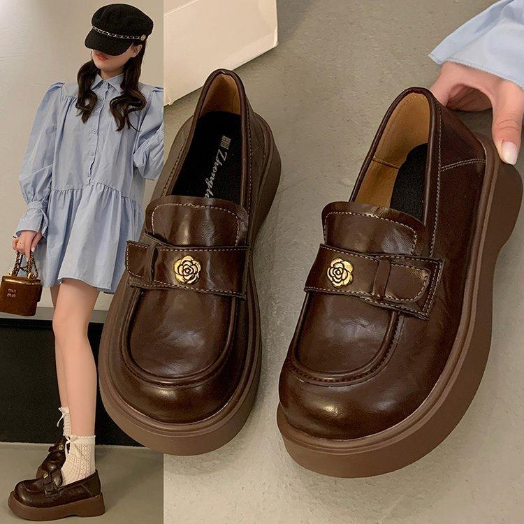 Round Head Brown British Style Thick Heel Platform Small Leather Shoes Women's 2025 Spring New French One-pedal Loafer Single Shoes Women