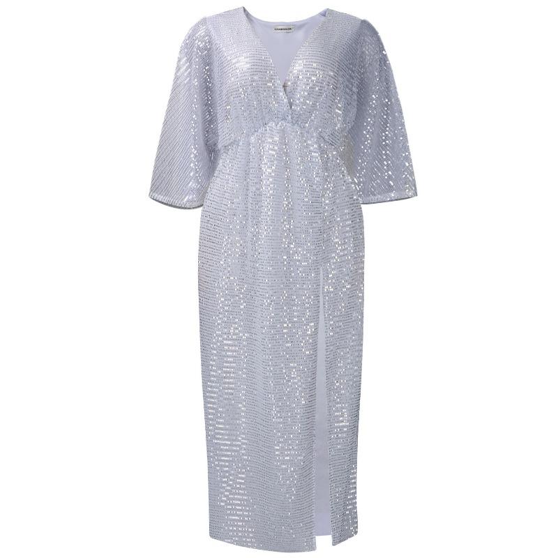 Plus Size Women Sequined V Neck Slit Long A Line Casual Dress