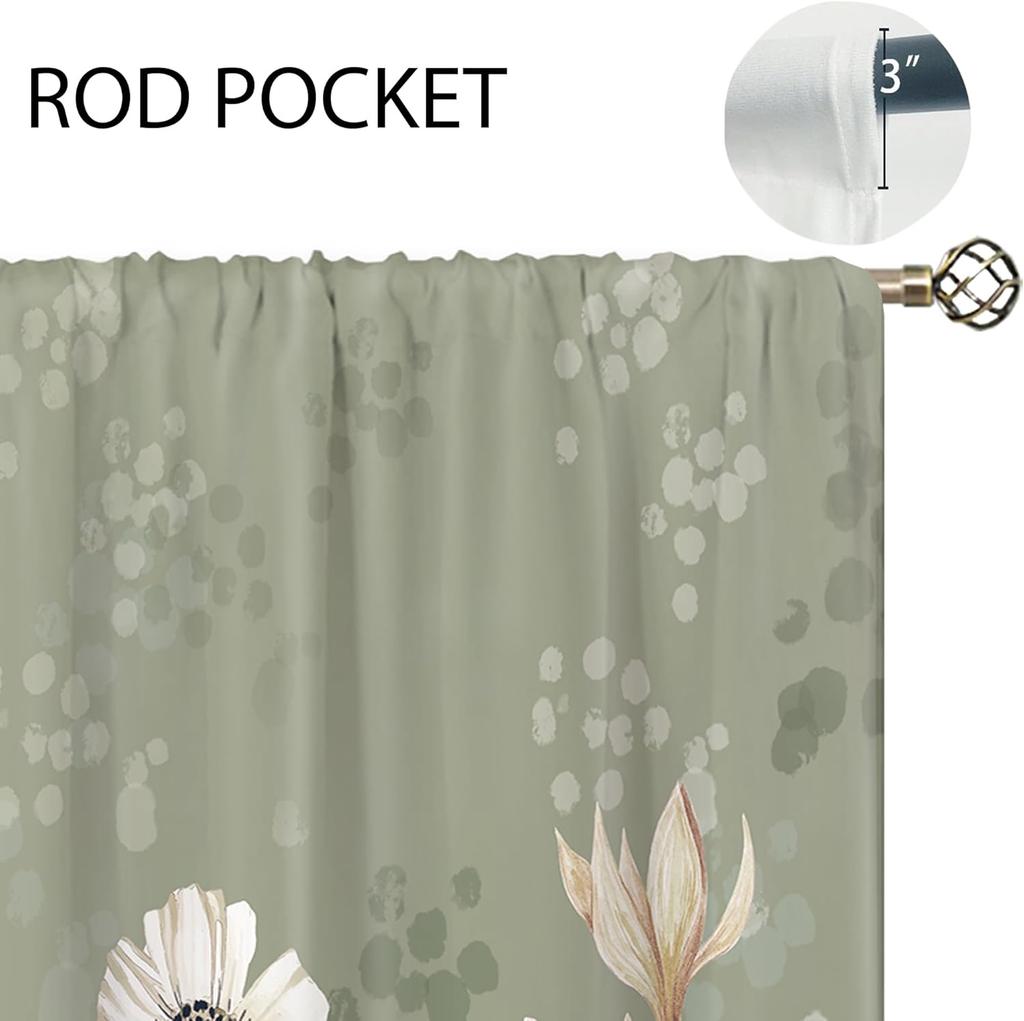 Green Boho Flower Small Kitchen Curtains Flower Plant Window Treatment Botanical Herb Chic Rod Pocket Cafe Short Window Curtains