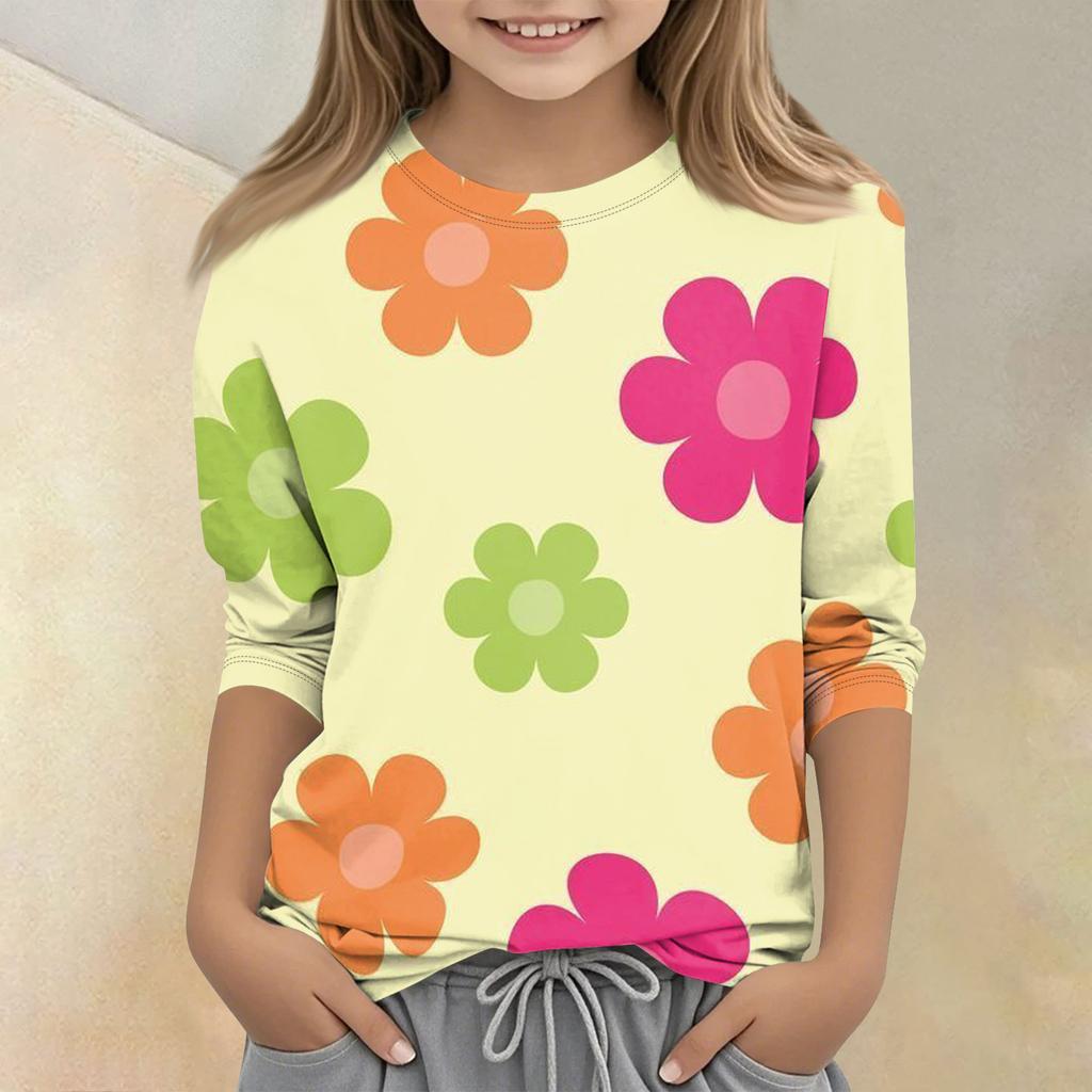 T-shirt décontracté pour enfant à col rond, manches sept-quarts, imprimé