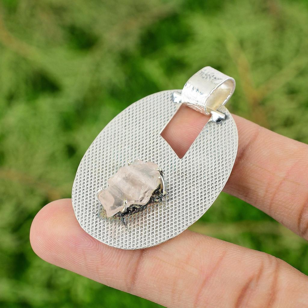 Daughters Day Sale Rose Quartz Rough Gemstone Ethnic Pendant Jewelry 925 Silver