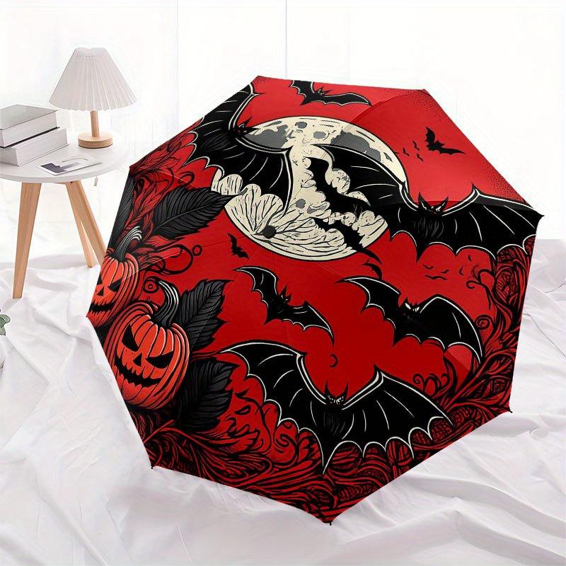 Halloween Moonlit Bat & Pumpkin StickerUmbrella with Cute Design, Portable 3-Fold Compact Umbrella for Men & Women, Valentine's Day Mother's Day Hallo