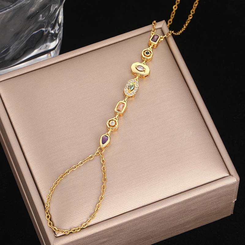 Stainless Steel Colorful Crystal Hand Chain Bracelet For Women Fashion Gold Color Water Drop Finger Bangle Bracelet Hand Jewelry