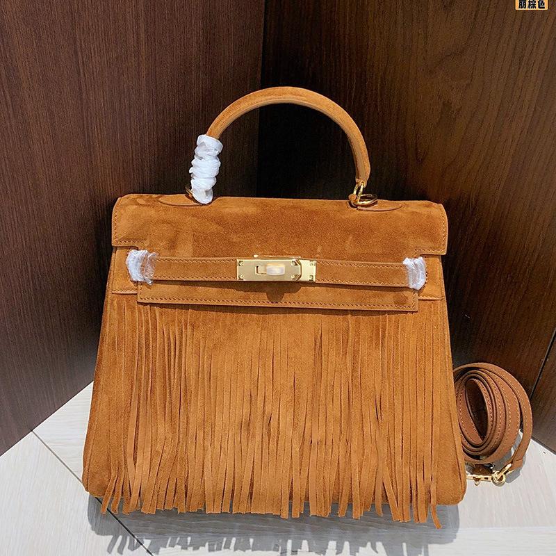 

European and American retro suede fringed Keli bag 2025 new autumn and winter leather women s bag lock fashion portable shoulder bag 28*12*20cm