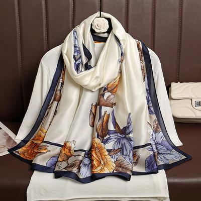 Versatile Botanical Flower Printed Silk Scarf Fashion Women's Decorative Outerwear Holiday Thin Shawl
