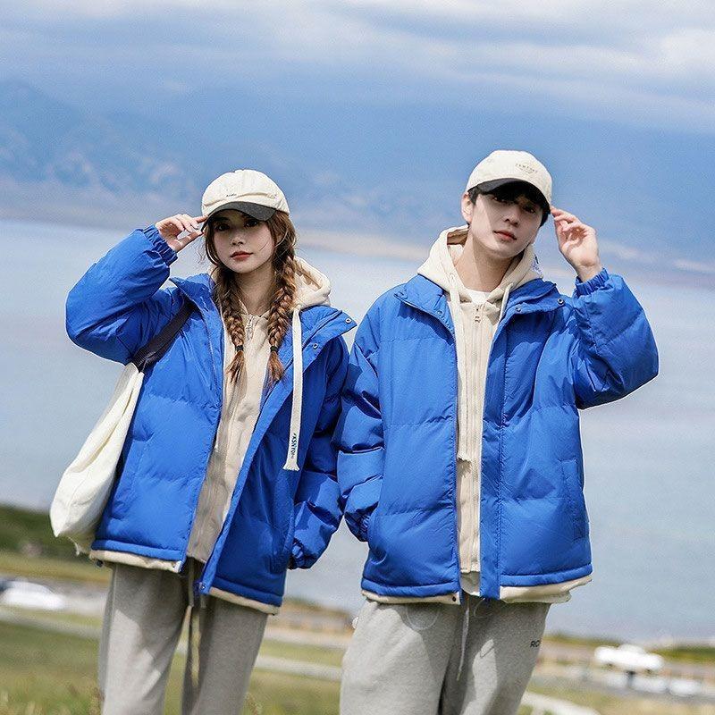 

Padded-on Men s Winter New Solid-color Hooded Bread Clothes Loose Fashion Couples Fake Two-piece Padded Jacket M синий