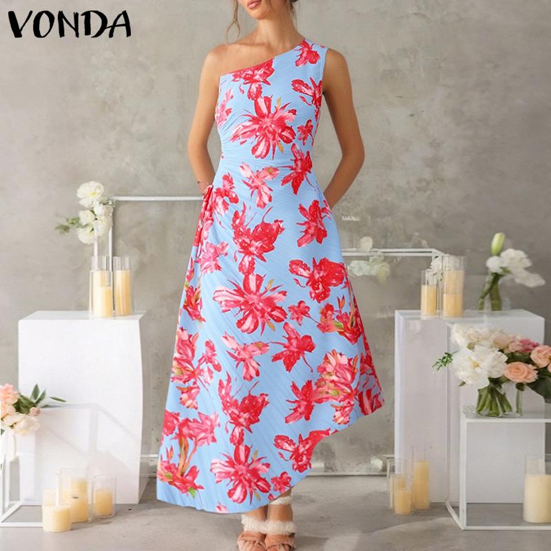 VONDA Women One Shoulder Sleeveless Twisted Waist Floral Print Irregular Holiday Dress