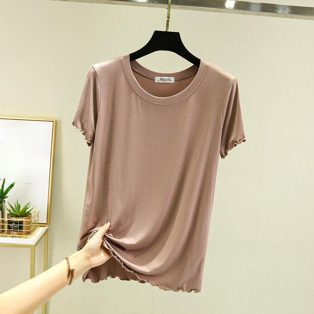 Ice Silk Round Neck Short-sleeved T-shirt, Thin Flying Edge, Sweet and Simple Bottoming Shirt, Slim Slimming Women's Top