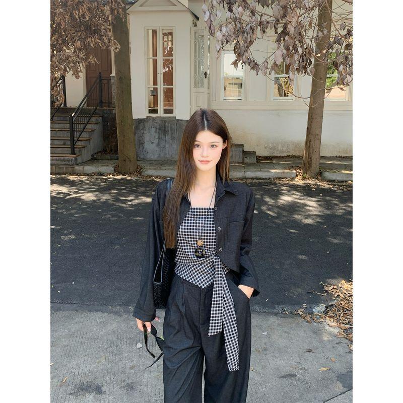 Retro Cardigan Short Outerwear Plaid Sling Vest Suit Women Autumn Straight Wide Leg Pants Casual Pants Three-Piece Suit