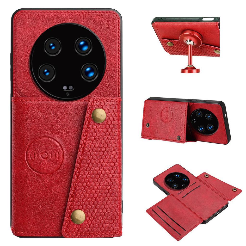 Vintage Leather Card Holder Phone Case for Xiaomi 14 Ultra Card Pockets Dual Snap Buttons Flip Wallet Shell