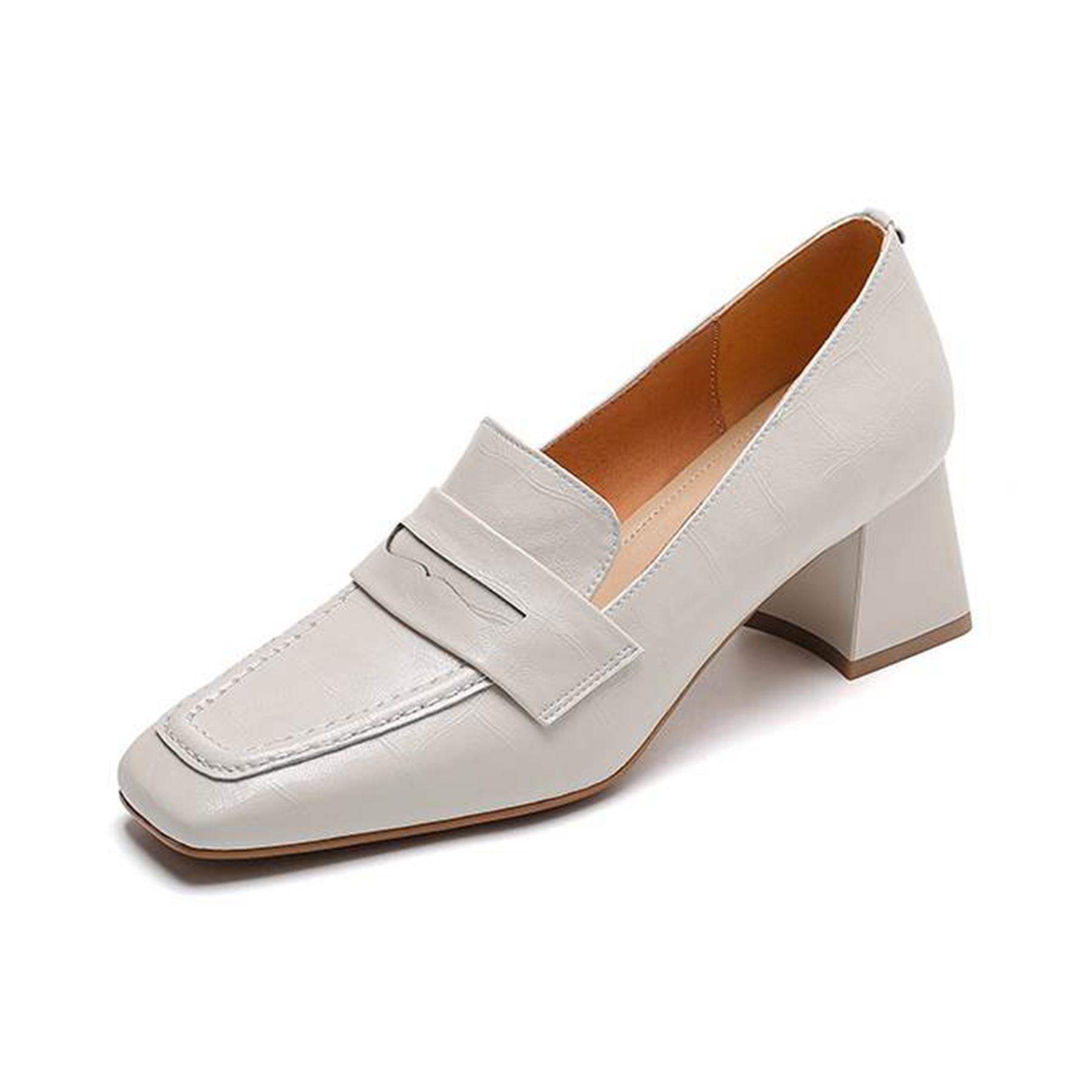 

Krazing Pot Vintage Cow Skin Summer Autumn Thick High Heels Party Shoes Women Square Toe Concise Design Pumps 34 слоновая кость