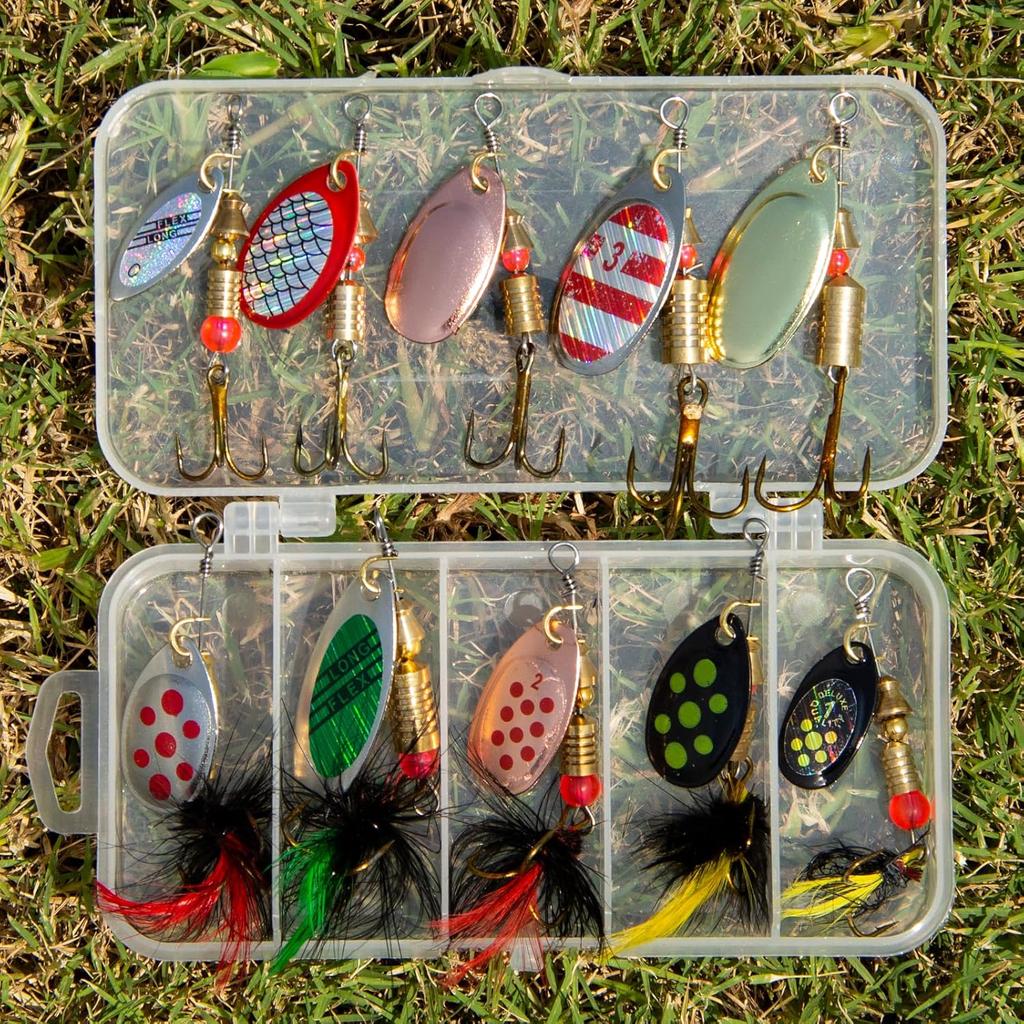10 Stück Angelköder Spinnerbait Rooster Tail Angelköder Bass Forelle Lachs Harte Metall Spinnerköder Set mit Tackleboxen