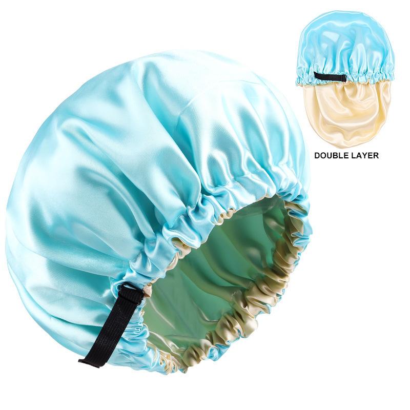 High Quality Double Layer Design Women s Satin Hair Bonnet Custom Plain Printed Solid Color Silk Satin Hair Bonnets Sleep Cap небесно-голубой
