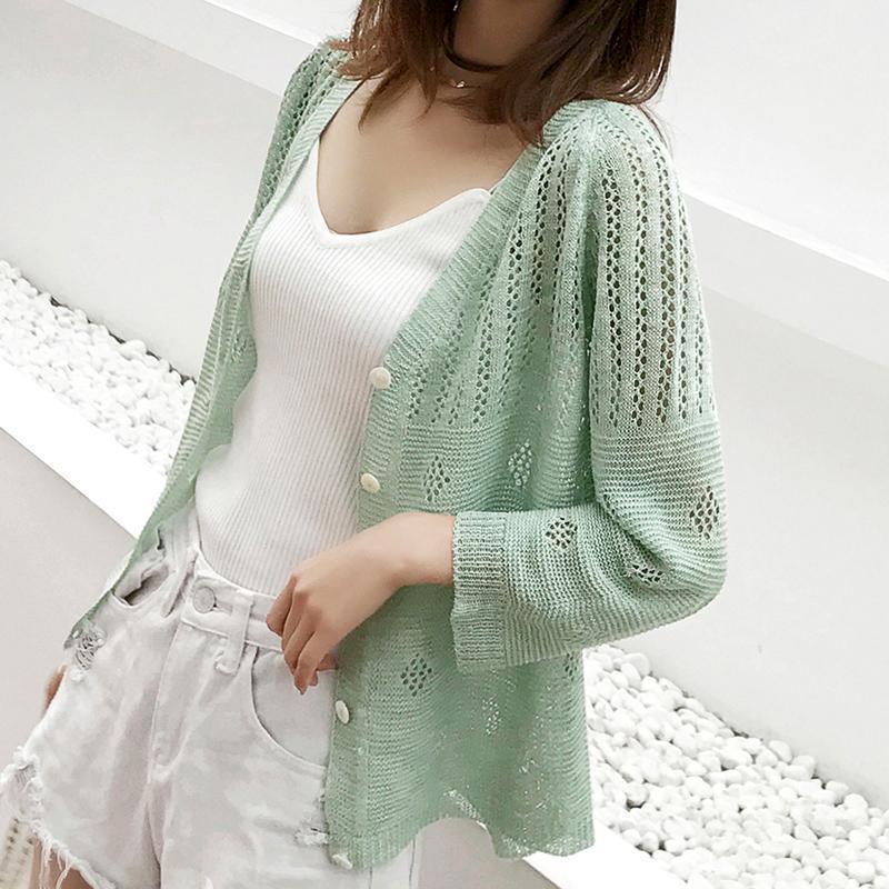 Sunscreen air-conditioning shirt hollow knitted cardigan women's summer temperament casual seven-quarter sleeve thin jacket loose outer fit