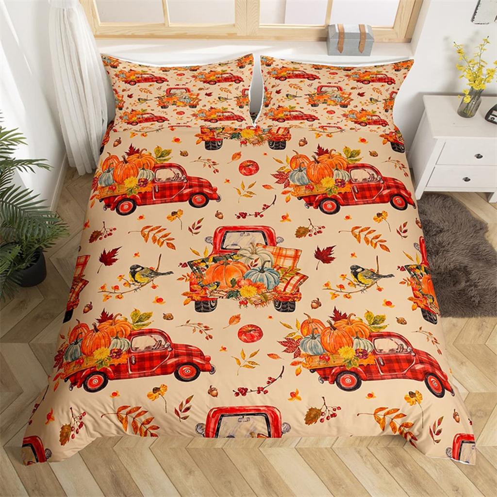 Fall Maple Leaves Autumn Harvest Theme Duvet Cover Cartoon Christmas Santa Thanksgiving Pumpkin Holiday Decor Gifts for Children