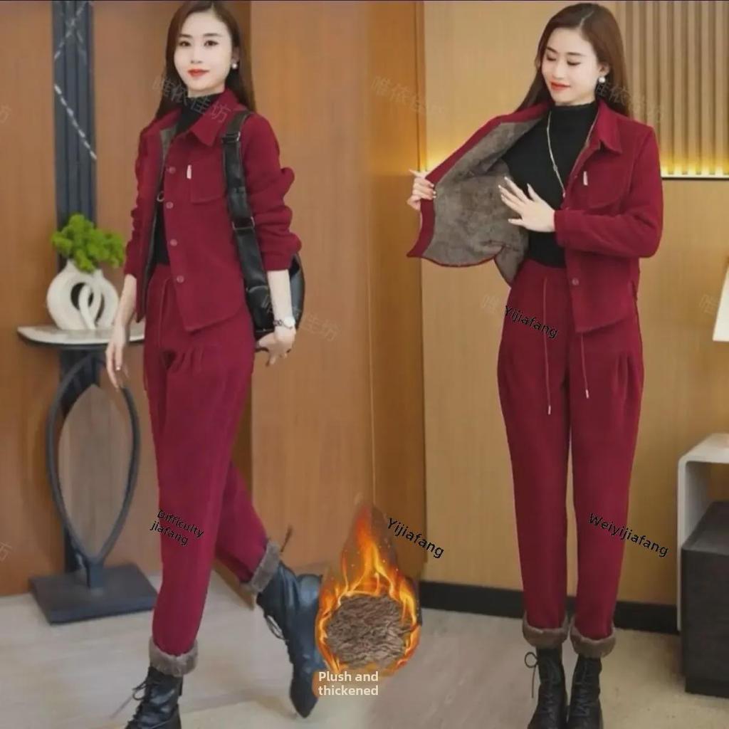 2024 Damen-Cordsamtanzug im koreanischen Stil: Herbst/Winter Casual & Trendy Zweiteiler