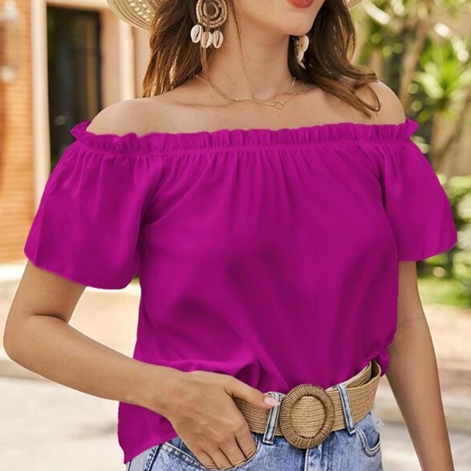 

Женская летняя повседневная рубашка с открытыми плечами и оборками, короткий рукав XXL фиолетовый