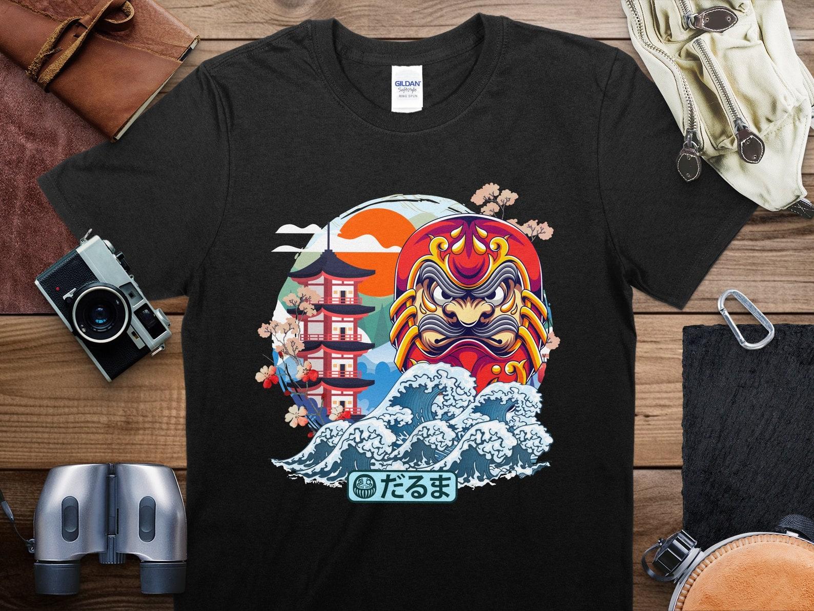 Japanese Traditional Art T-Shirt, Colorful Daruma and Waves Graphic Tee, Unisex Pagoda Sun Print Shirt L
