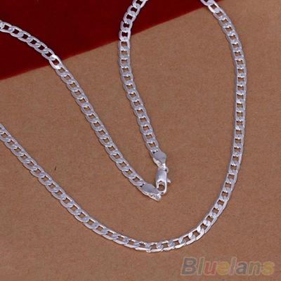 Fashion Unisex Silver Plated 4mm Sideways Flat Chain Necklace Jewelry Gift