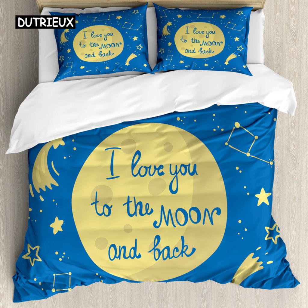 I Love You Duvet Cover Hand Drawn I Love You To The Moon and Back Words with Stars Celebration King Size Polyester Bedding Set