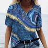 Summer V-neck 3D Marble Pattern Printed Top Fashionable Casual Short Sleeved Women's T-shirts