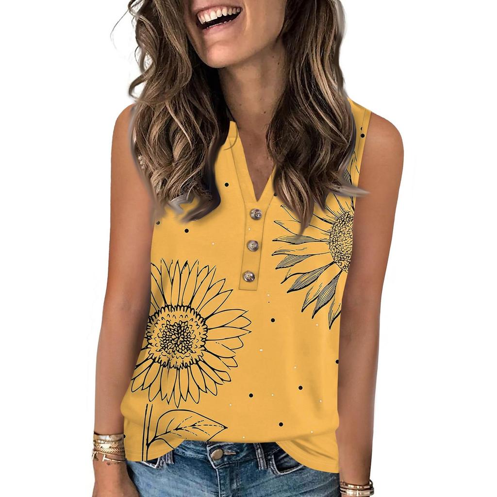 Women's Casual Fashion Summer Vintage Floral Print Tank Top V-neck Sleeveless Button-down Top